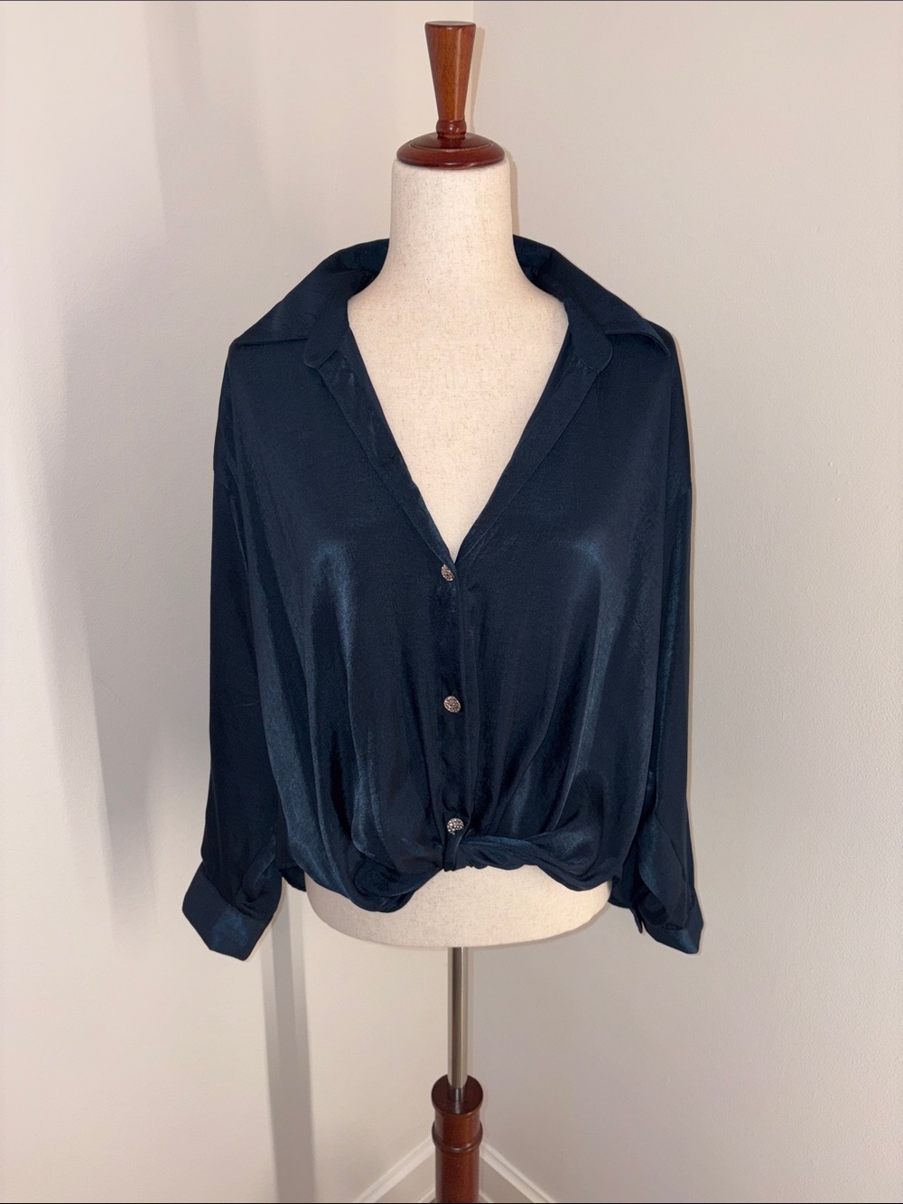 Zara Dark Navy Satin Button-Front Blouse with Knotted Hem